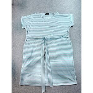 UVN Womens XXL Striped T-Shirt Dress Turquoise White Short Sleeve Belted Pockets